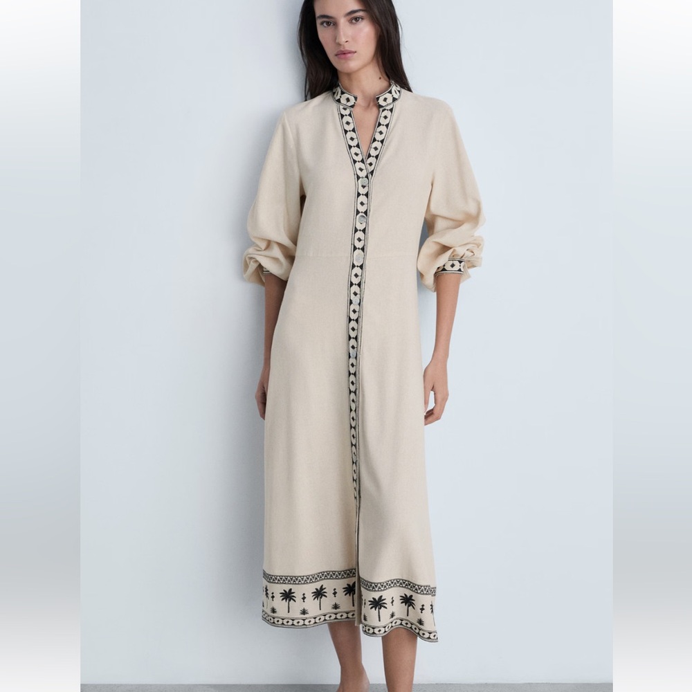 Mango Beige and Black Embroidered Long Sleeve Dress